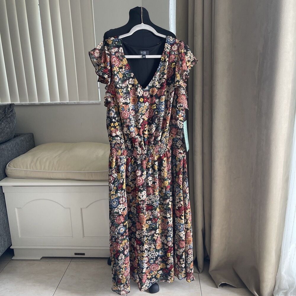 NWT MSKBlack floral Printed V-Neck Smocked-Waist MIDI Dress flutter sleeves 2X